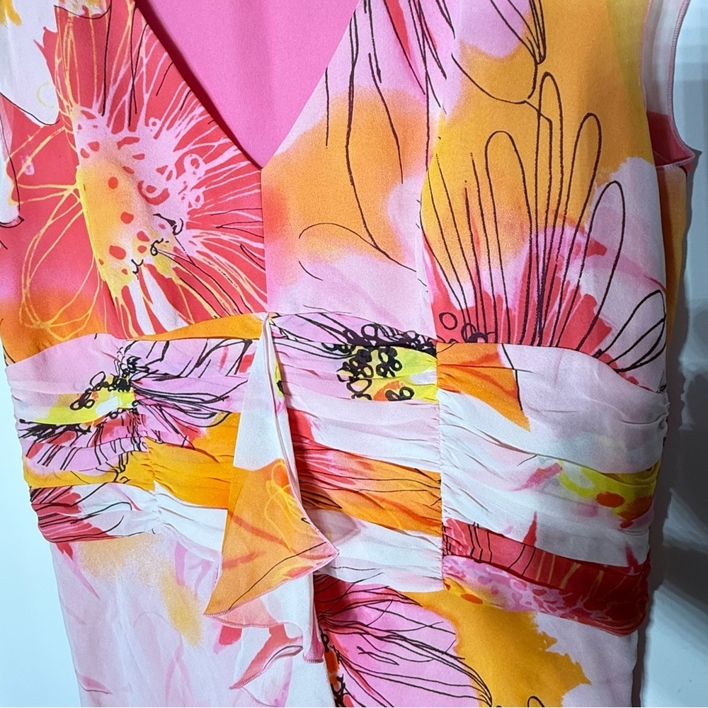 Escada Silk Floral Sleeveless Midi Dress Pink Orange Size 42 - Picture 5 of 9